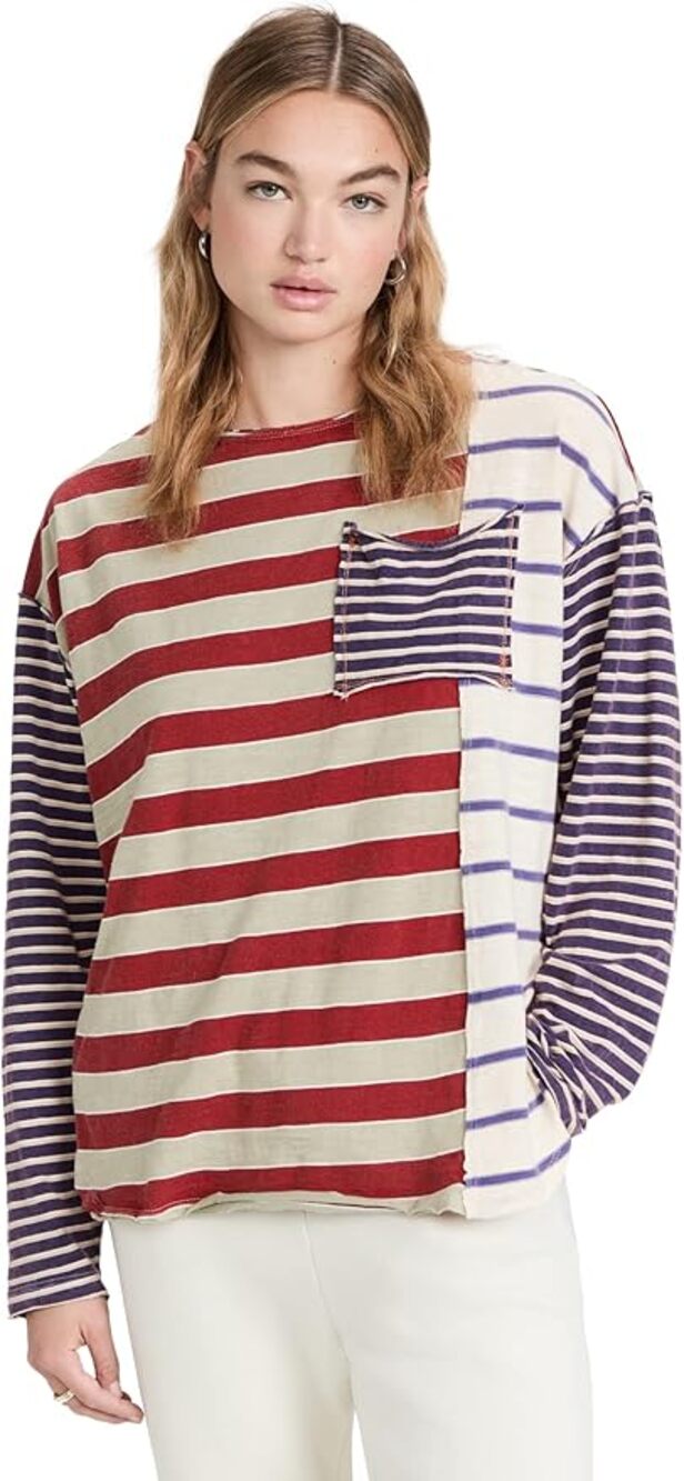 We The Free People Women's Tee Size S Stripey Prep Neutral Preppy Mixed Stripe